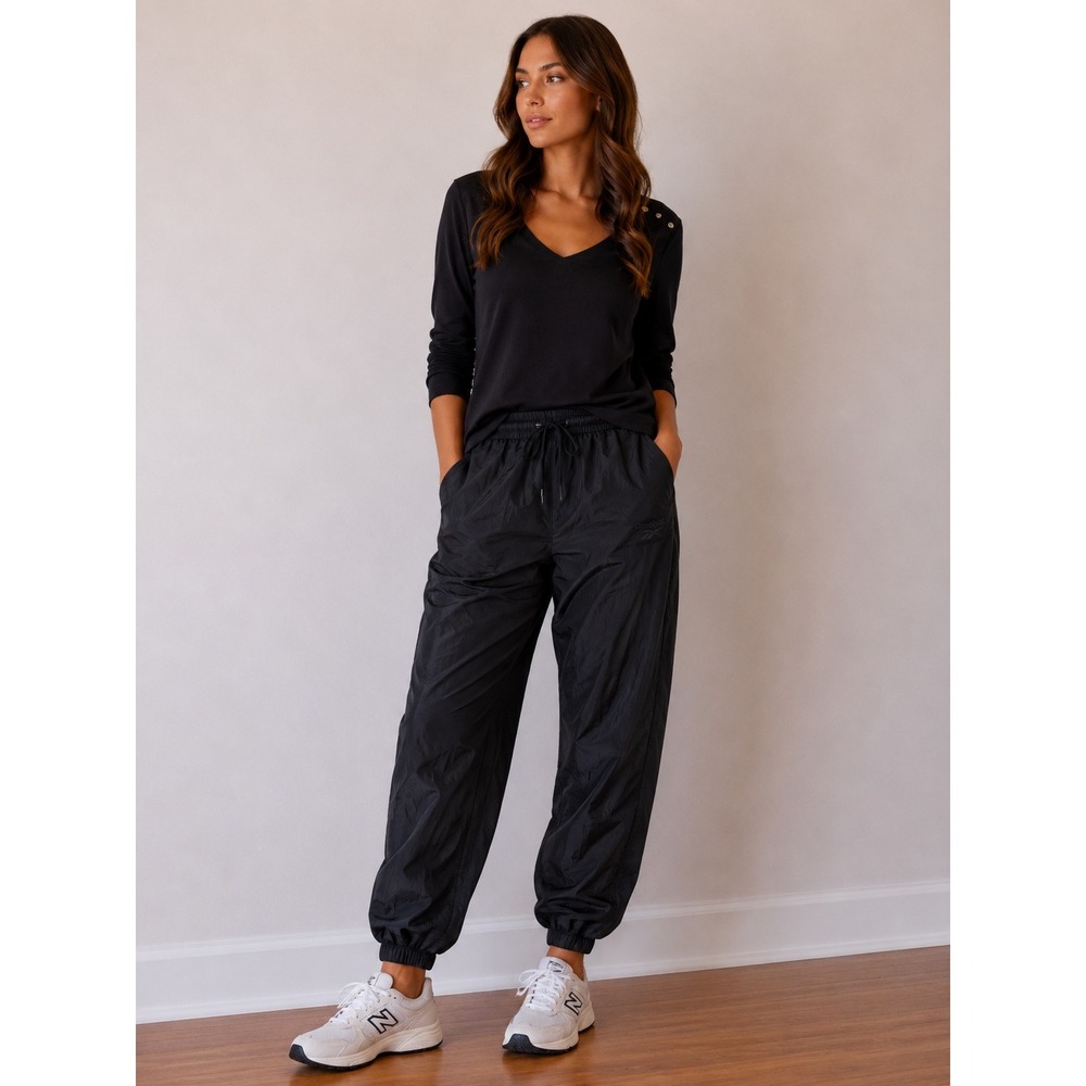 Reebok Womens Black Nylon Track Pants Joggers Elastic‎ Waist Pockets Size S